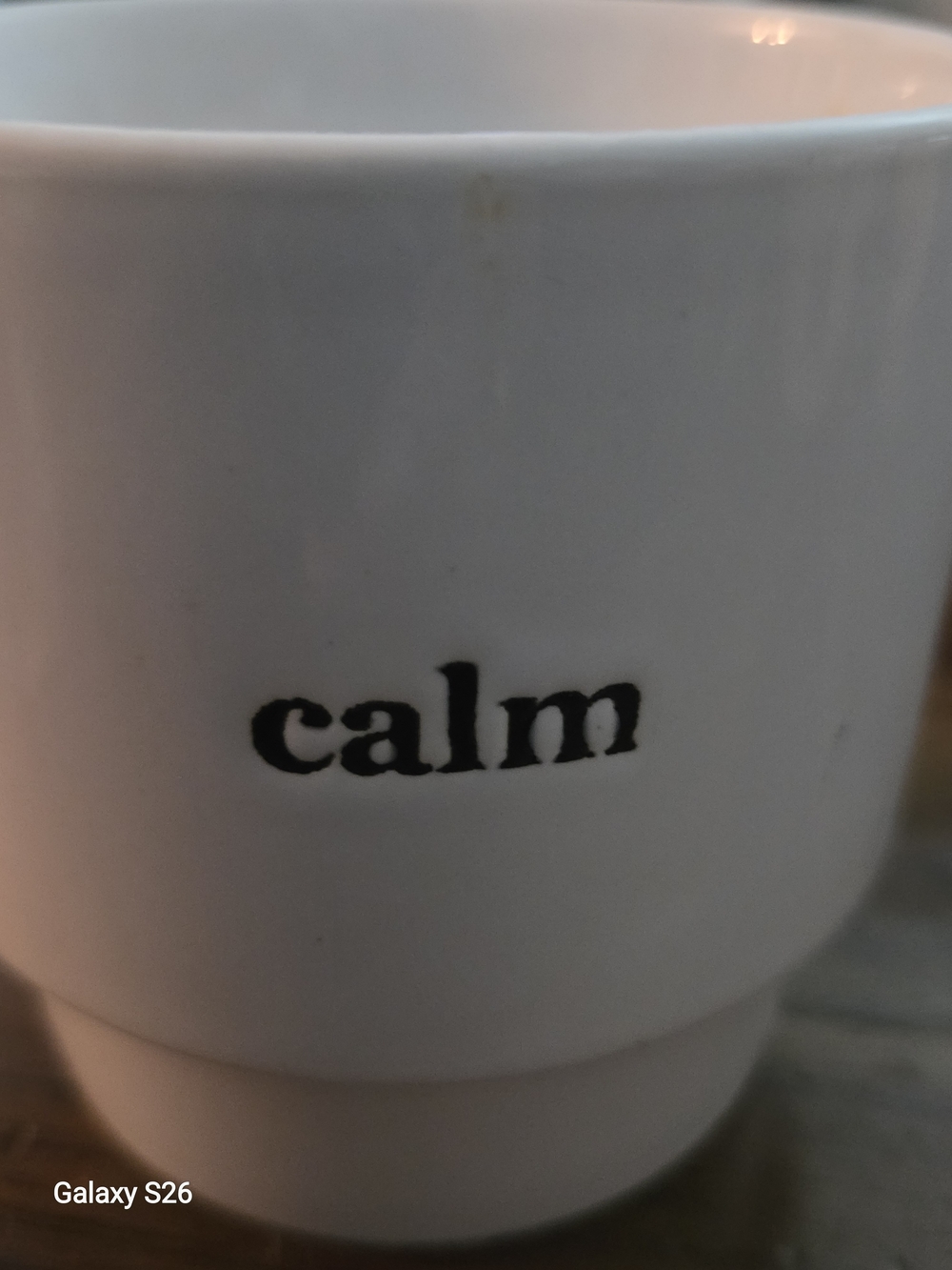 Signature White Ceramic Mug with Black 'calm' Text
